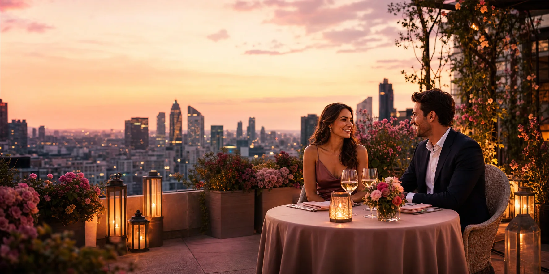 A confident woman in a warm evening city scene representing Enchantment Dating