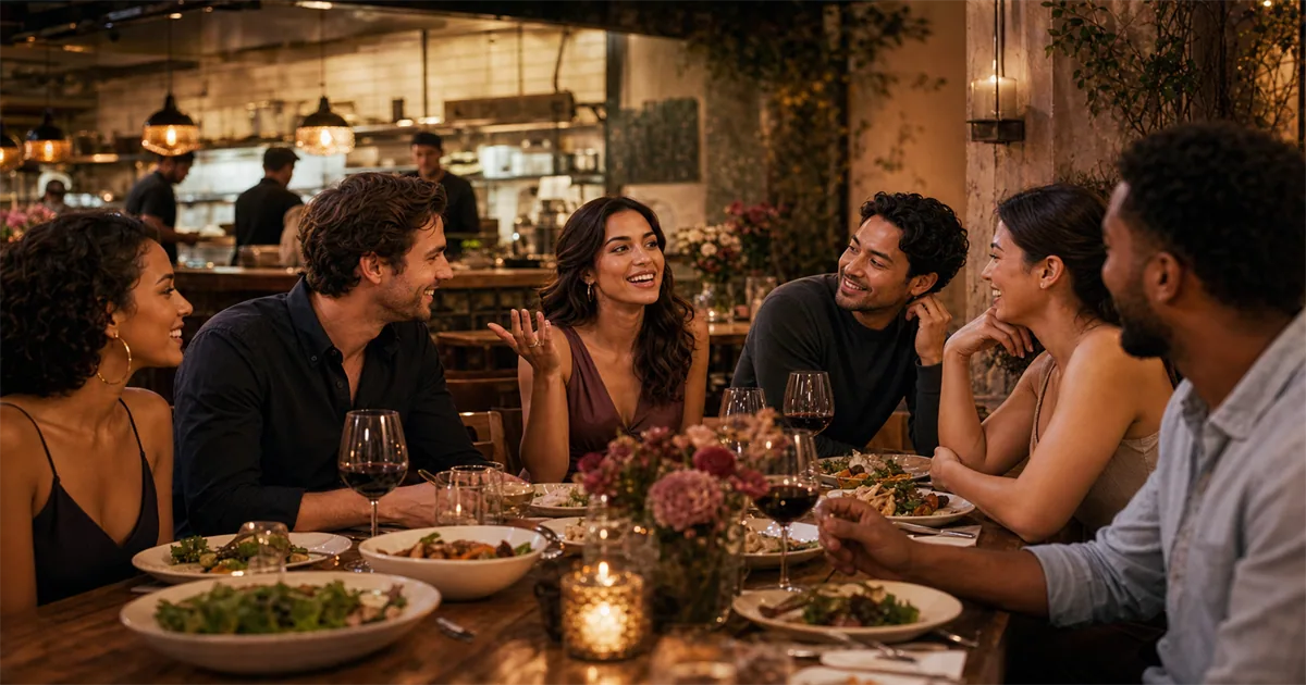 A woman sharing a playful story with friends at dinner while exchanging a warm, flirtatious glance with a man across the table.