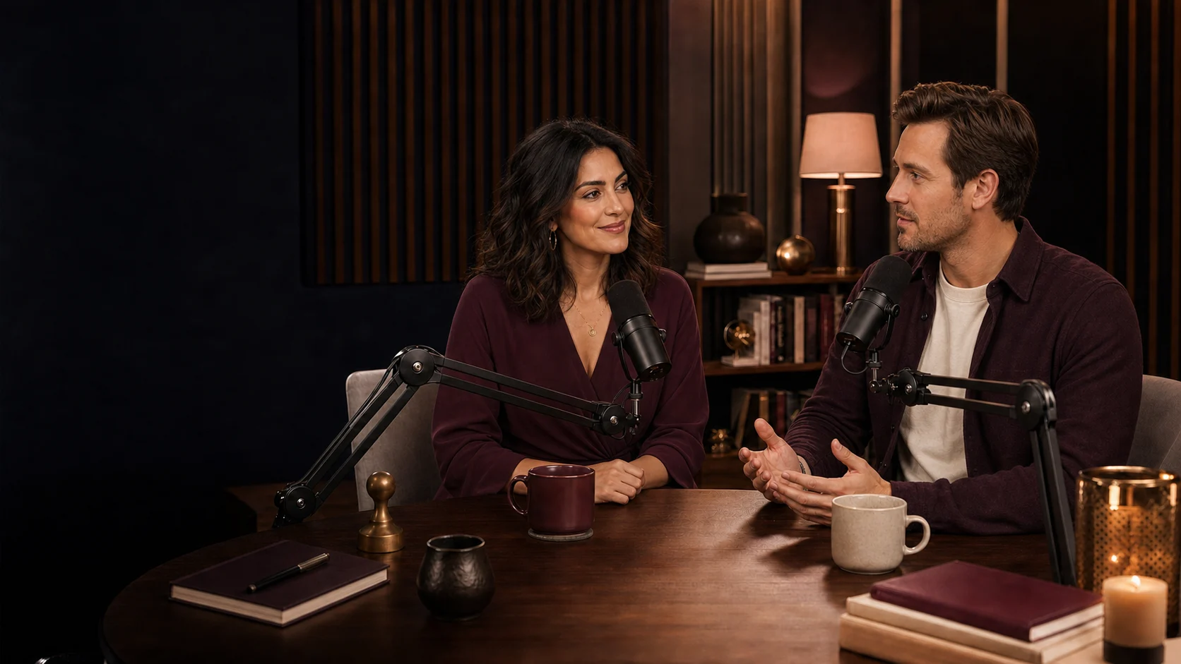 Mira and Jules in the Enchantment Dating podcast studio