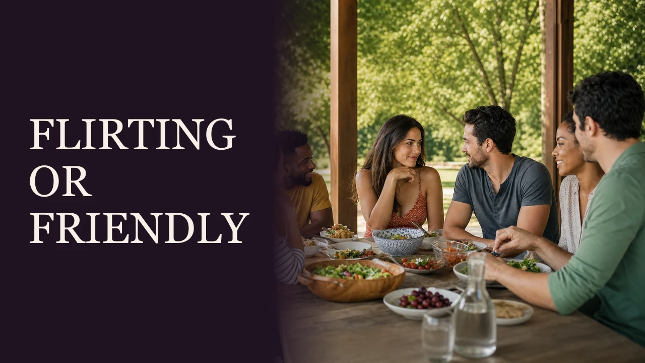 A woman and man sharing focused eye contact at a group picnic beside the words Flirting or Friendly.
