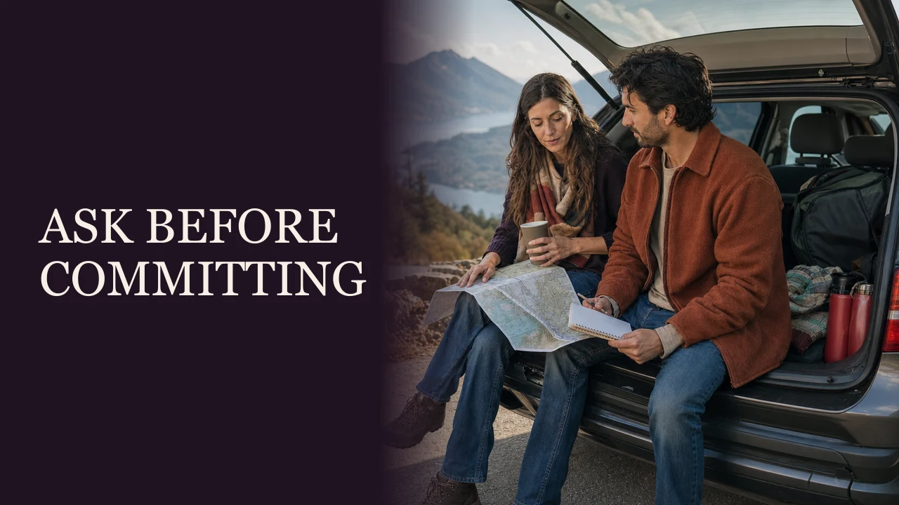 A couple openly comparing priorities while planning a canoe route beside the words Ask Before You Commit.