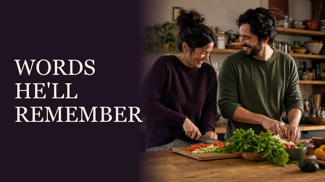 A couple laughing while cooking together beside the words Words He'll Remember.