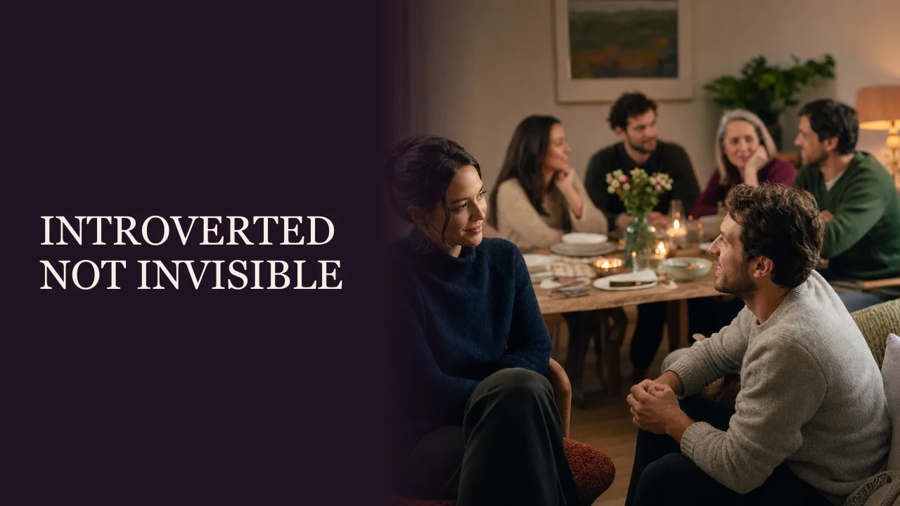 An introverted woman enjoying one focused conversation at a library social beside the words Date in a Way That Fits You.