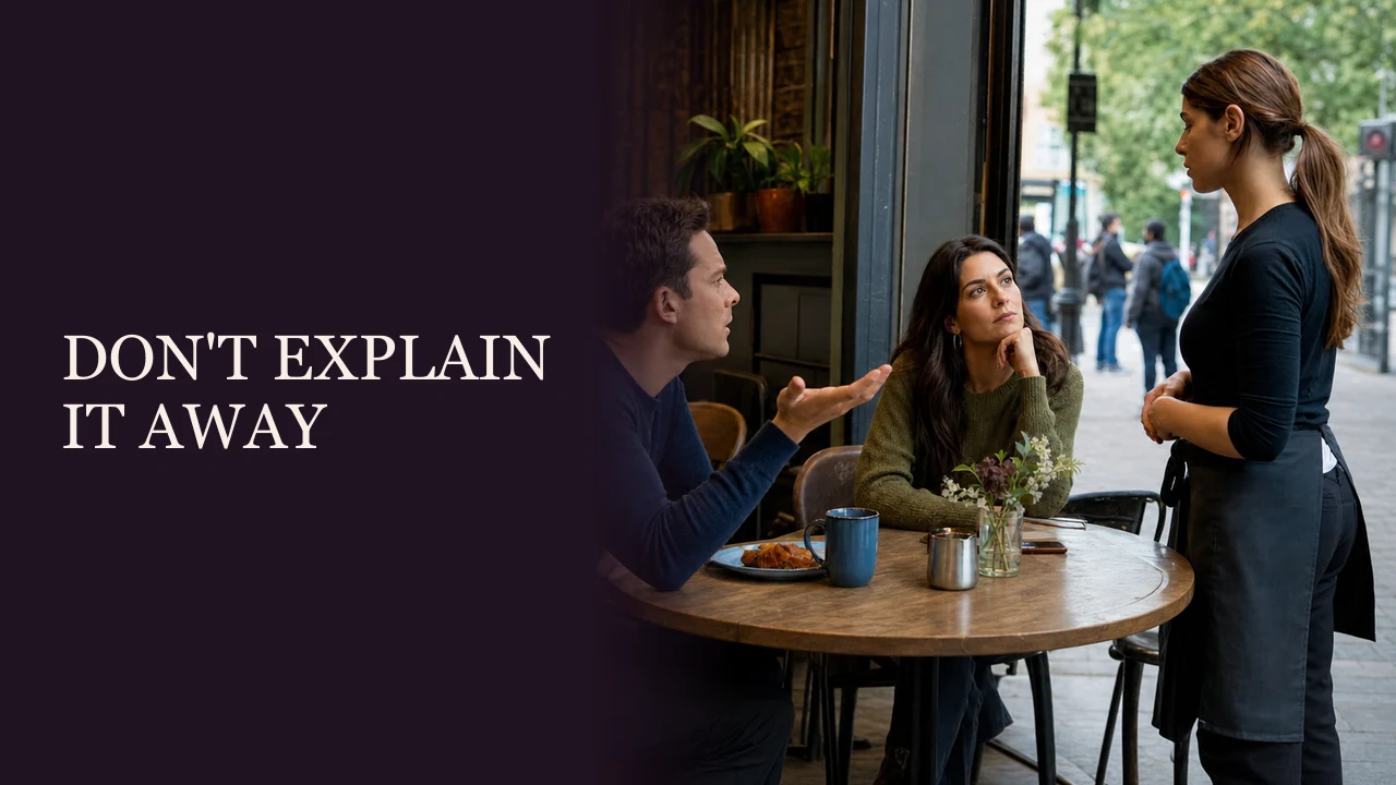 A woman noticing her date repeatedly dismissing others at a community project beside the words Do Not Explain This Away.