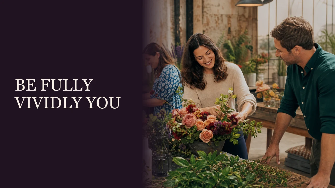 A self-possessed woman telling a vivid story at an outdoor garden supper beside the words Be Fully, Vividly You.