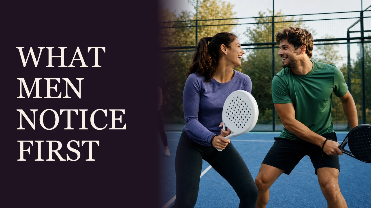 A woman and man connecting naturally during a padel match beside the words What Men Notice First.