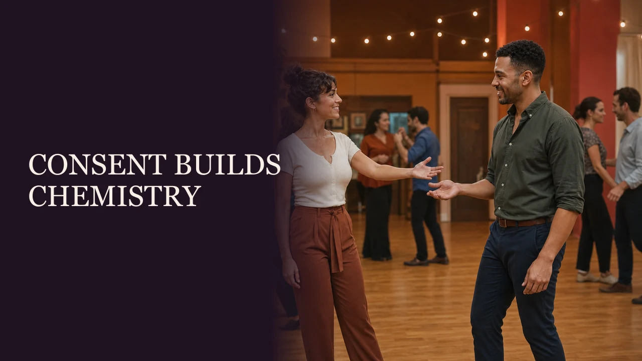 A couple making an enthusiastic mutual check-in during a dance workshop beside the words Consent Makes Connection Safer.