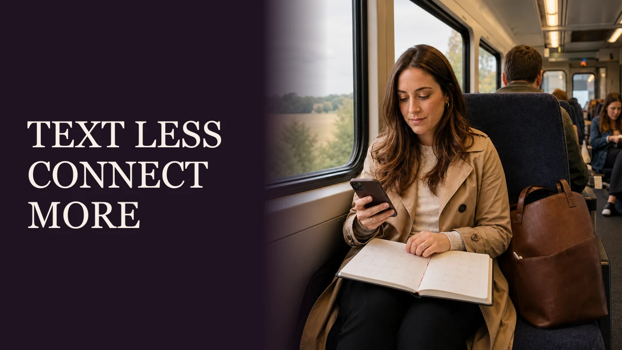 A woman briefly checking her phone while walking her dog in a park beside the words Text Less, Connect More.