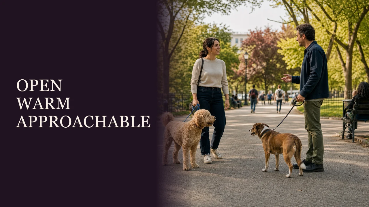 A relaxed woman meeting another dog owner at a neighborhood agility park beside the words Open, Warm, Approachable.