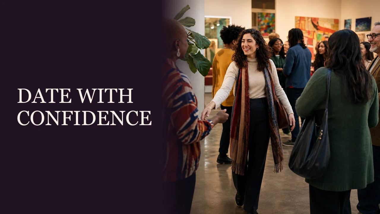 A woman laughing confidently through a beginner salsa lesson beside the words Date Like You Belong There.