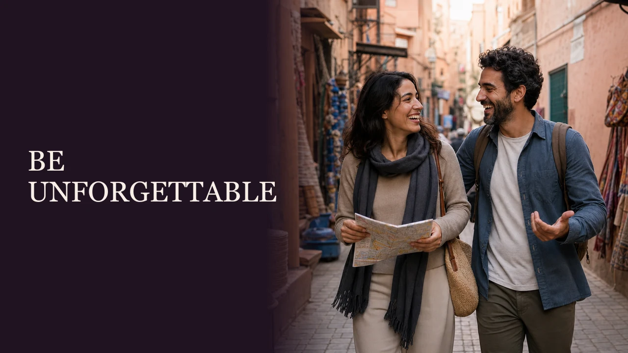 A confident woman and her partner exploring a lively city abroad beside the words Be the Woman He Remembers.