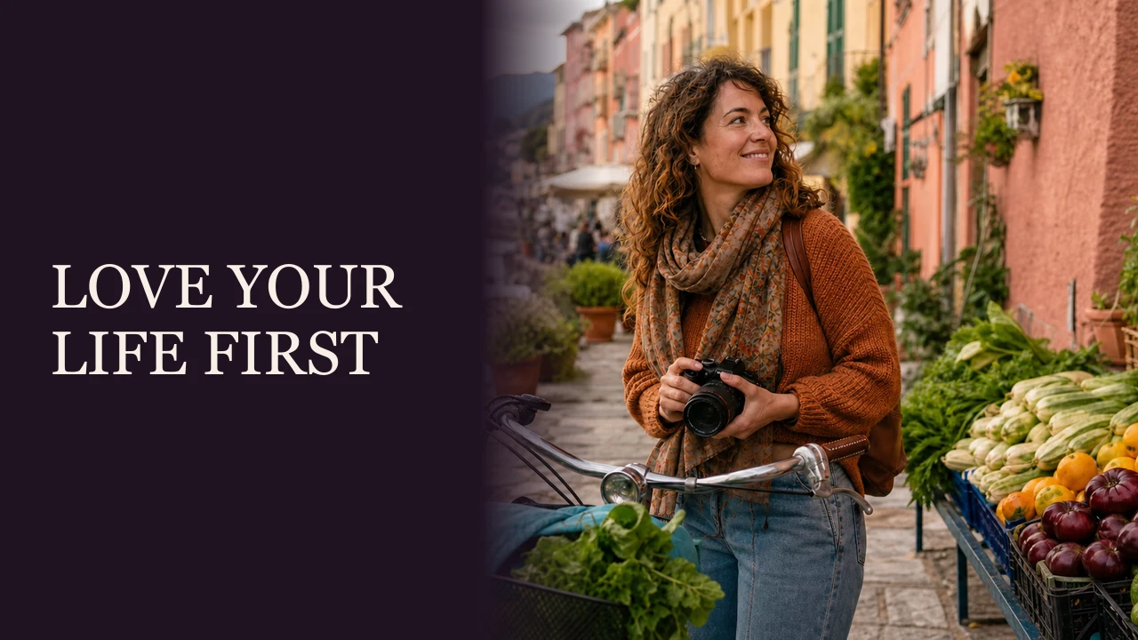 A woman and friends restoring a vintage camper for future adventures beside the words Build the Life First.