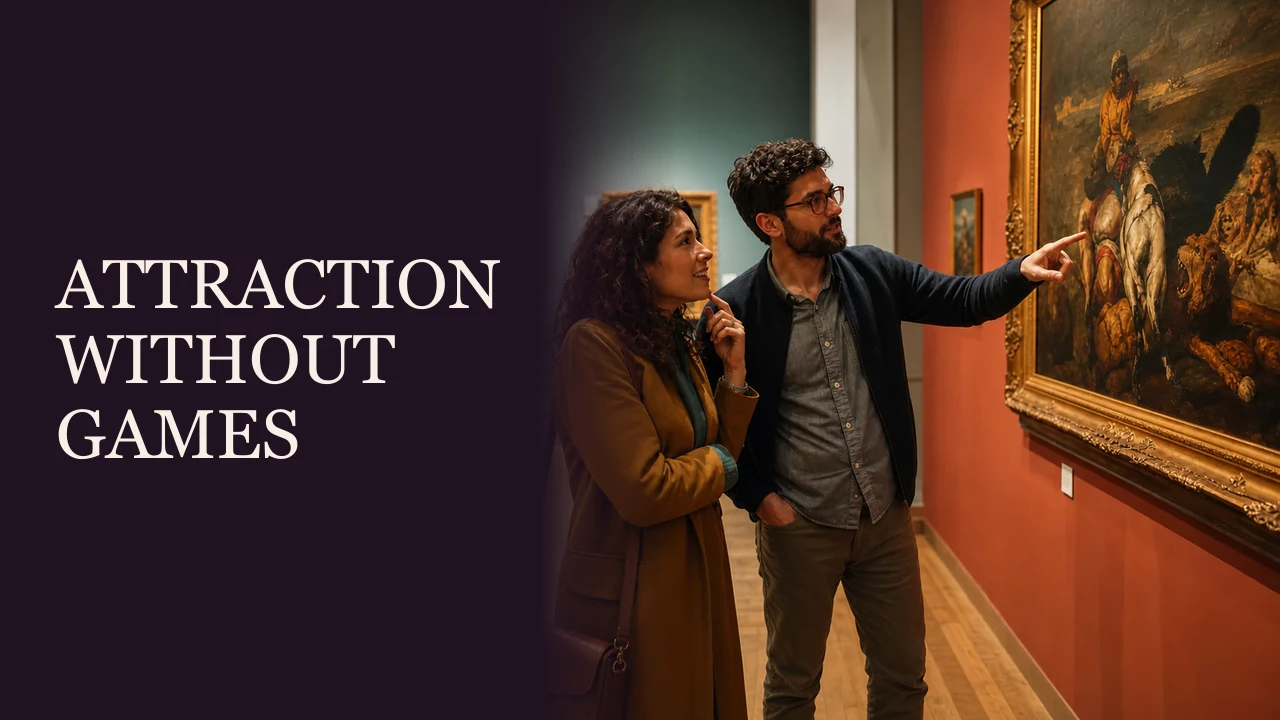A woman and man connecting over art in a museum beside the words Attraction Without Games.