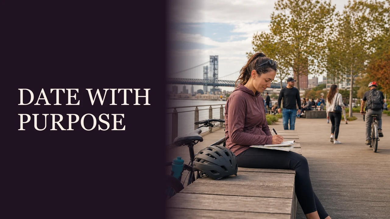 A confident woman and man working together during a sailing lesson beside the words Date With a Clear Purpose.