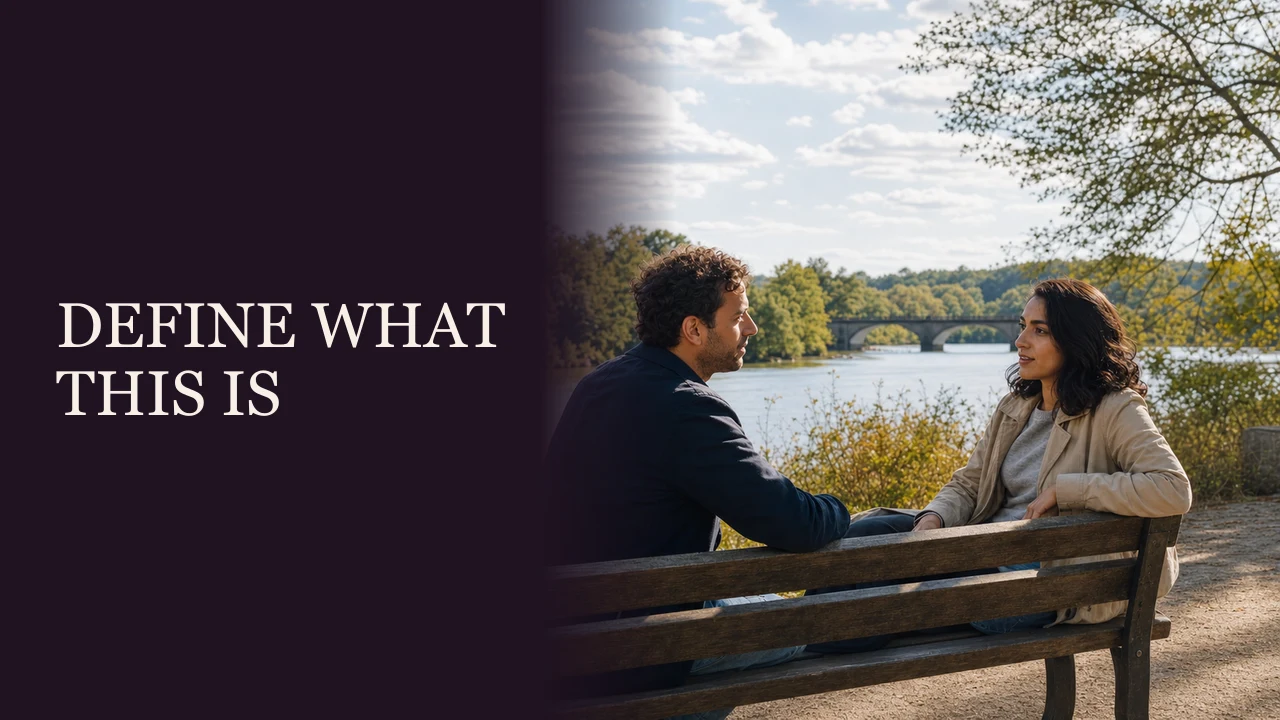 A woman and man pausing for a direct conversation beside a city canal beside the words Have the DTR Talk.