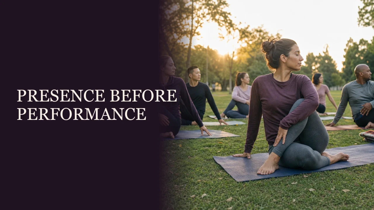 A centered woman moving with an outdoor tai chi class beside the words Presence Before Performance.