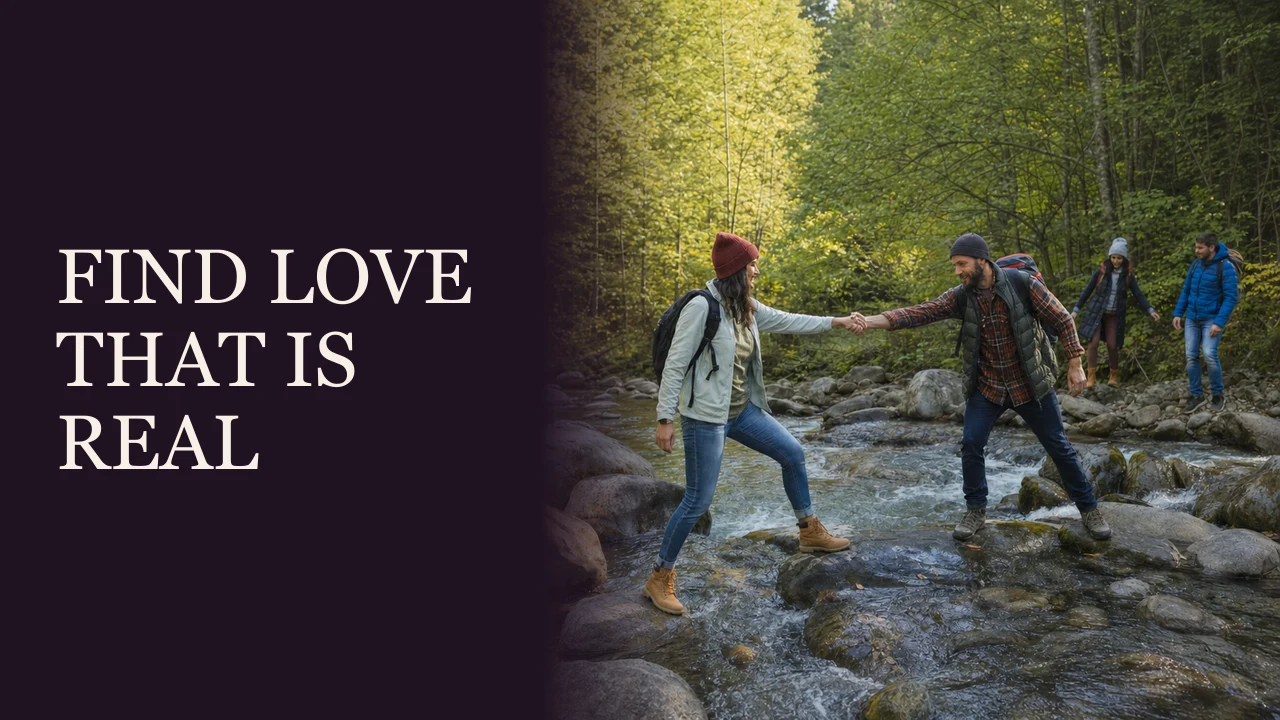 A woman and man discovering a shared interest at a public astronomy night beside the words Find Love That Is Real.