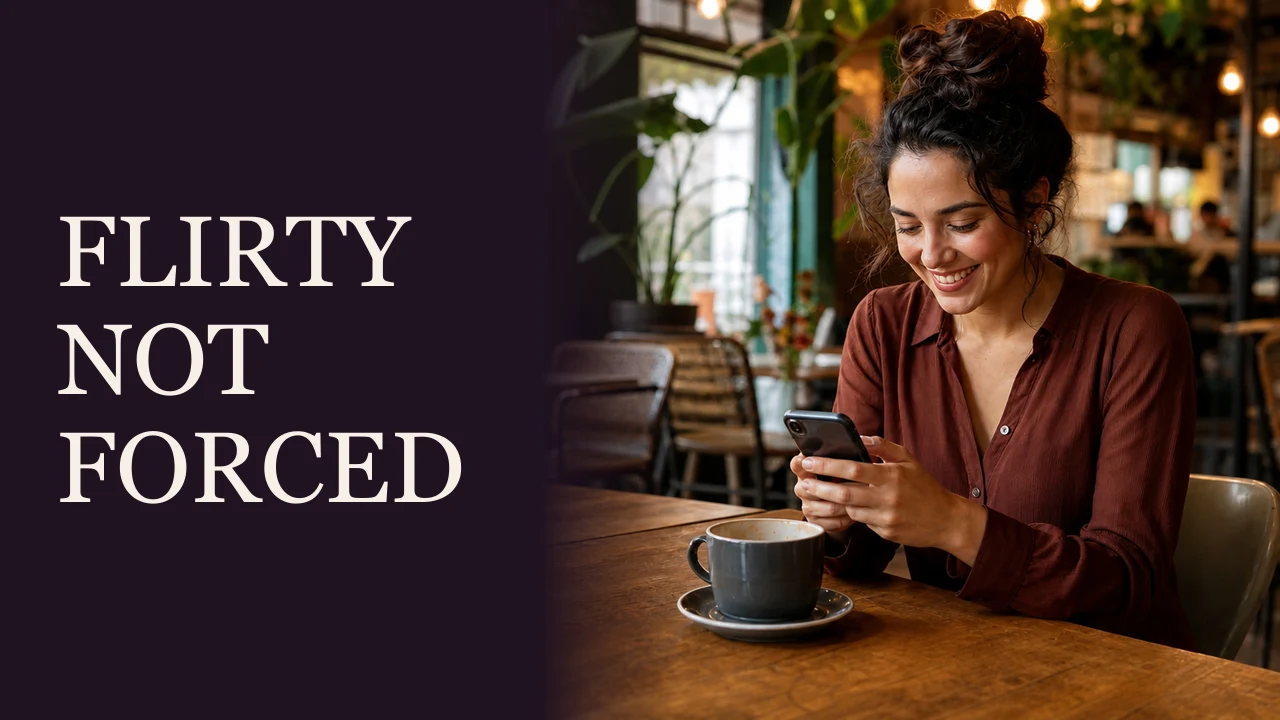 A woman smiling naturally while writing a message at a cafe beside the words Flirty, Not Forced.