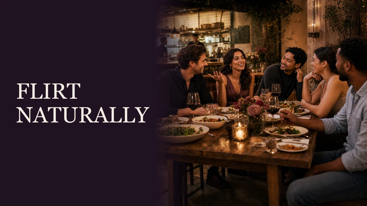 A confident woman enjoying a lively group dinner conversation beside the words Flirt Naturally.