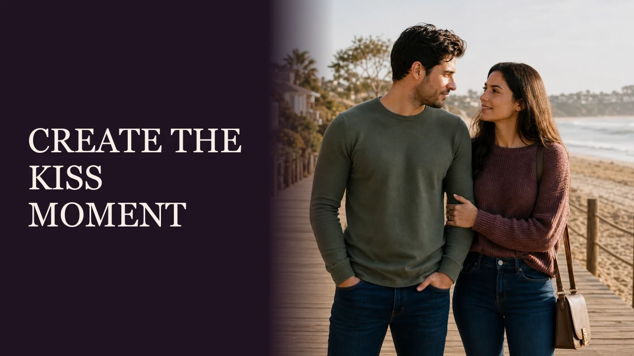 A couple sharing a close, expectant moment on a seaside boardwalk beside the words Create the Kiss Moment.
