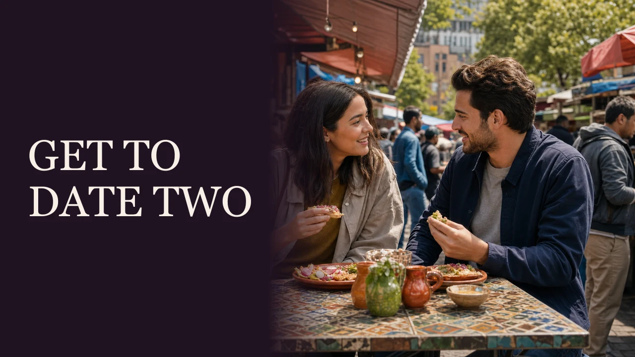 A woman and man pausing together during a waterfront bicycle outing beside the words Make Him Want Date Two.