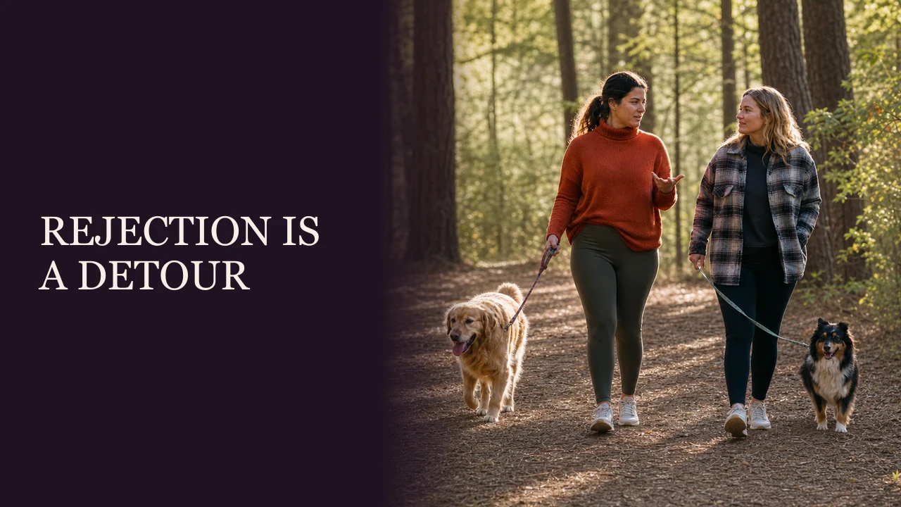 A woman reaching a sunrise viewpoint with close friends beside the words Rejection Does Not Define You.