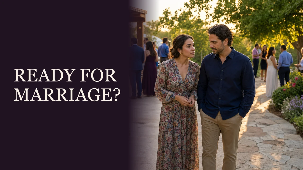 A couple calmly mapping future priorities together at home beside the words Ready for Marriage.