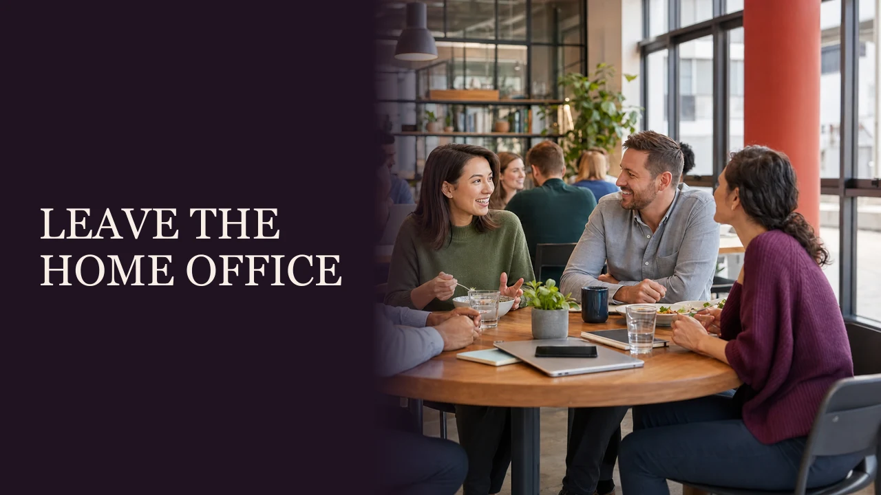 A woman joining a collaborative workshop in a bright coworking studio beside the words Get Out of the Home Office.