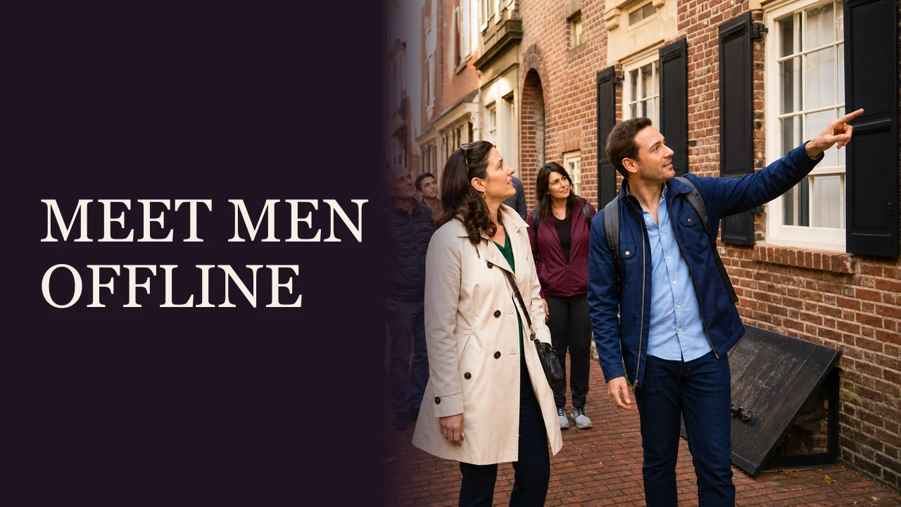 A woman and man practicing together at a lively language exchange beside the words Meet Men Offline.