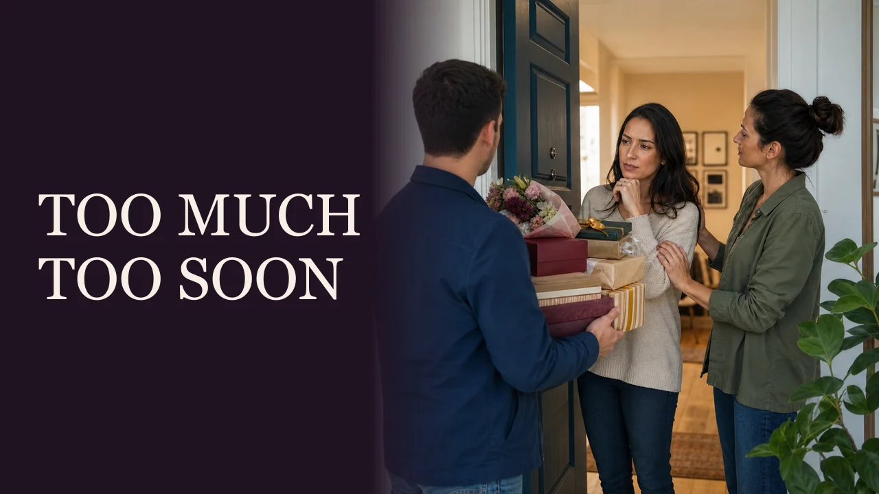 A woman pausing before excessive early gifts and flowers beside the words Too Much, Too Soon.
