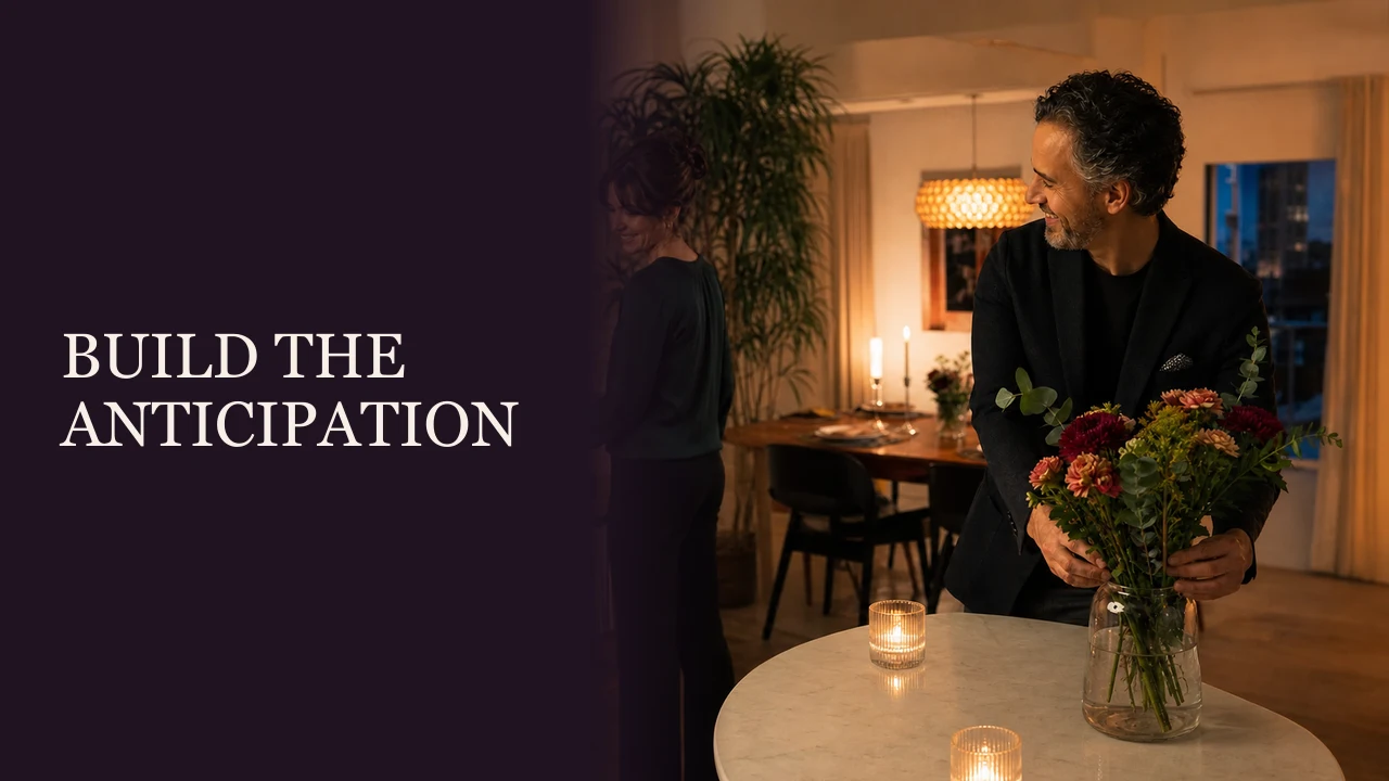 An established couple cooking an intimate dinner together beside the words Build the Anticipation.