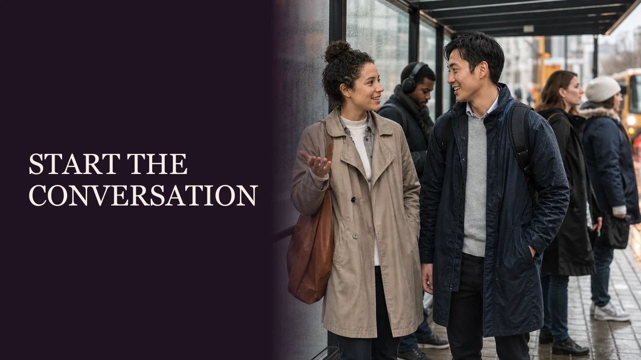 A woman opening an easy conversation at an interactive museum exhibit beside the words Start the Conversation.