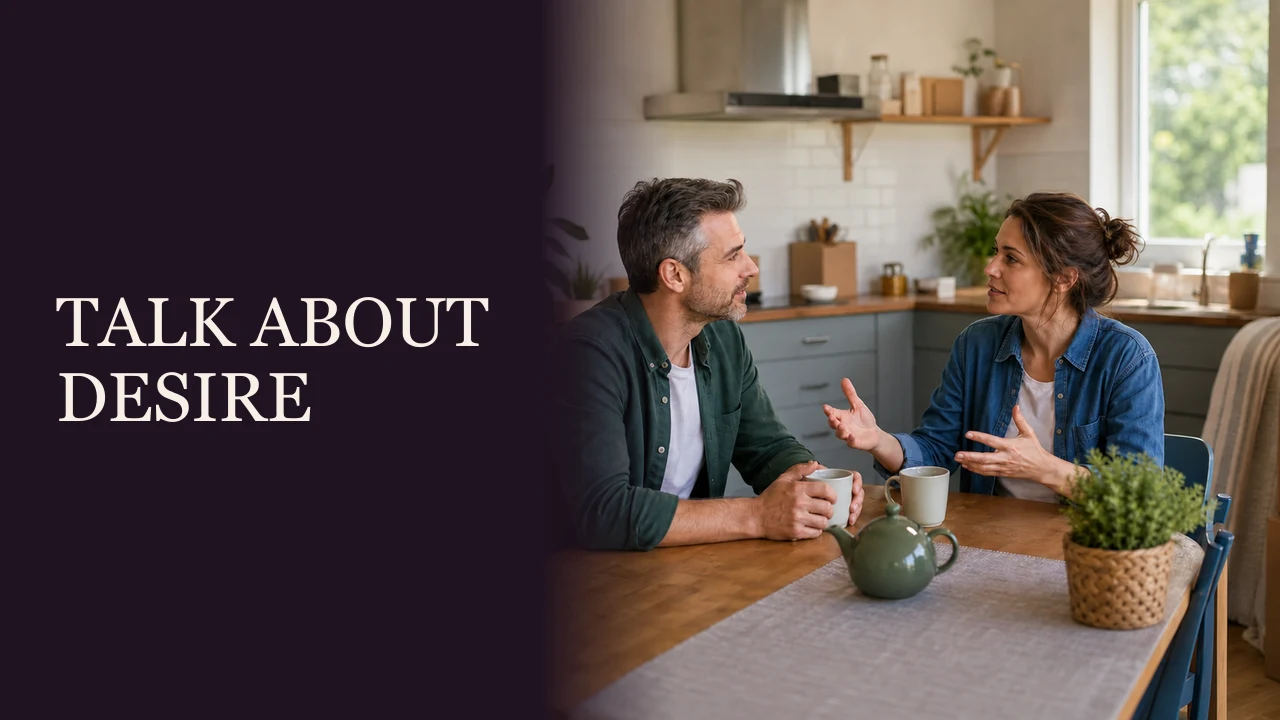 A couple having a calm private breakfast conversation beside the words Talk About What You Want.