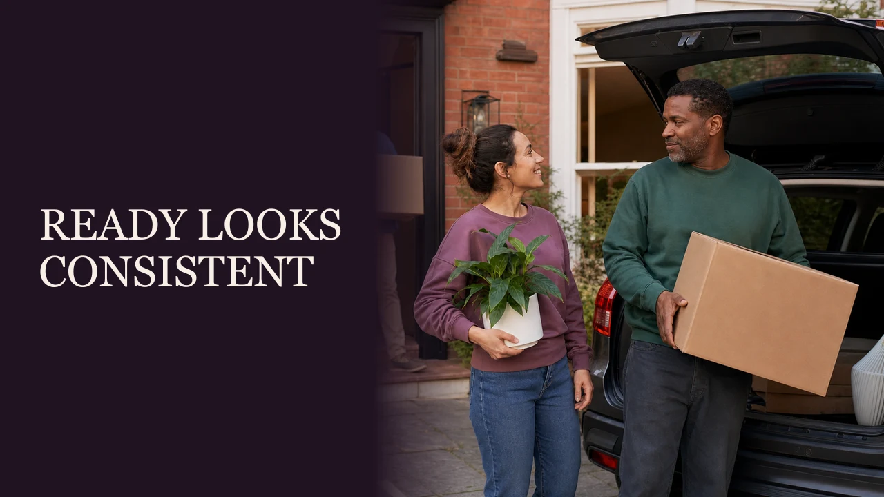 A man warmly including the woman he is dating at a neighborhood potluck beside the words Ready Looks Consistent.