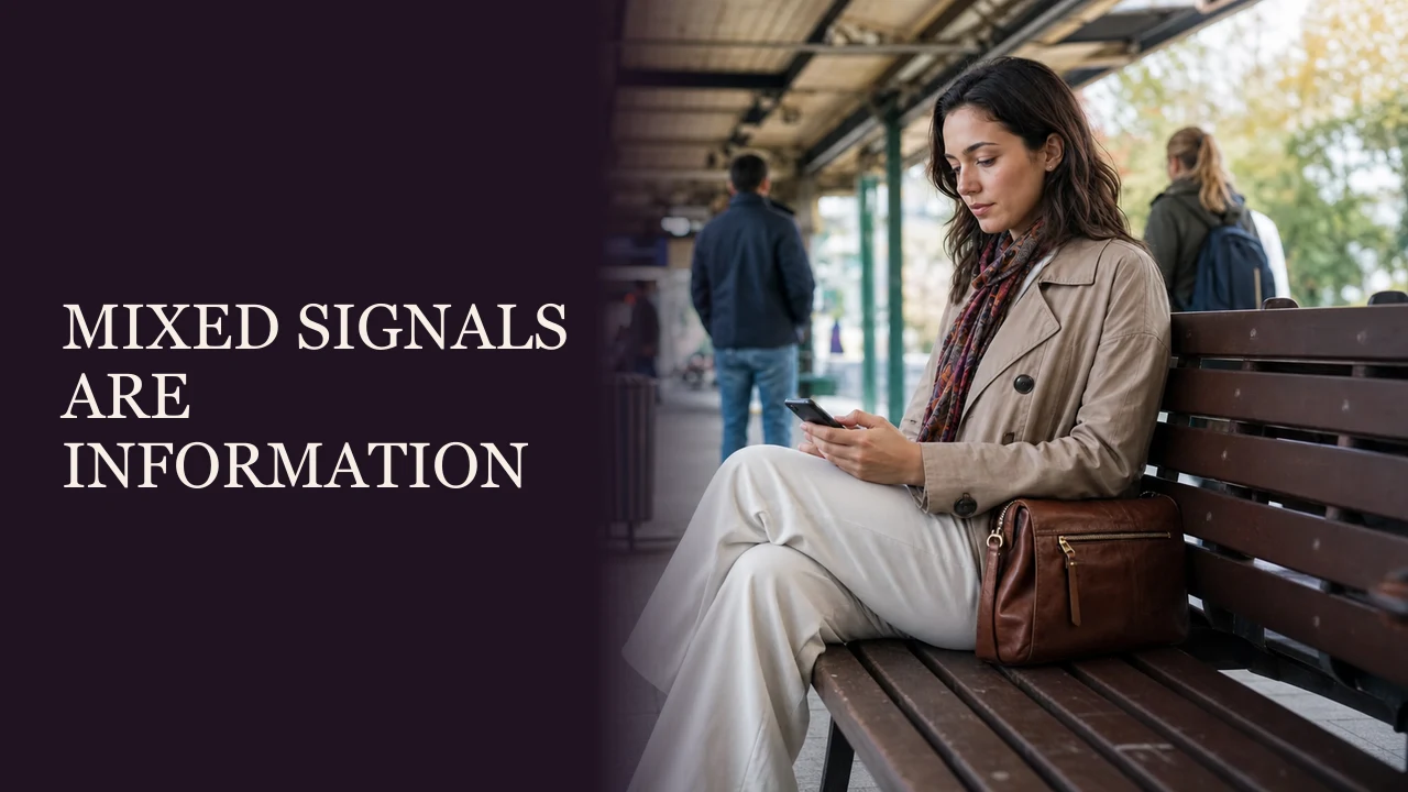 A woman calmly evaluating an inconsistent meeting on a tram platform beside the words Mixed Signals Are Information.