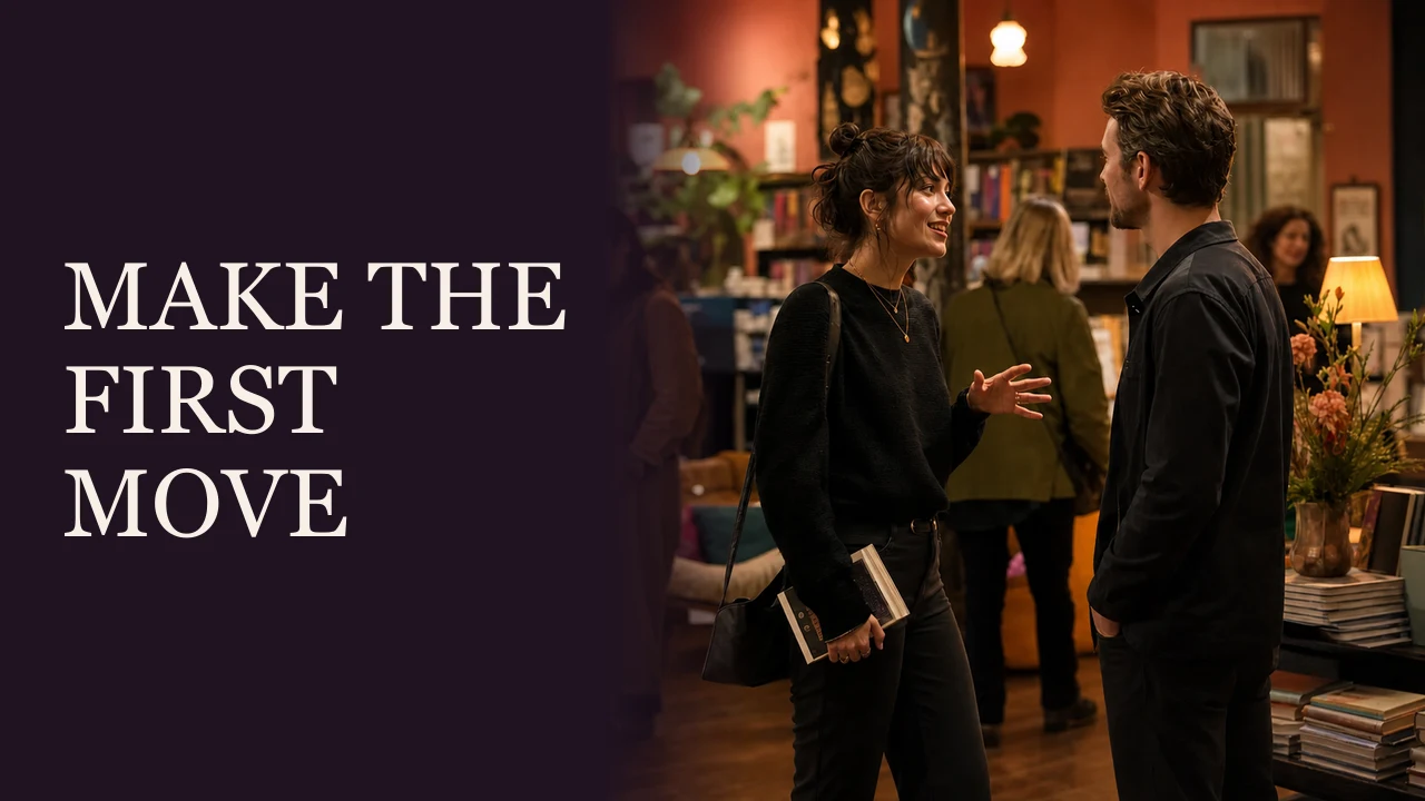 A confident woman starting a conversation with a man in a bookshop beside the words Make the First Move.