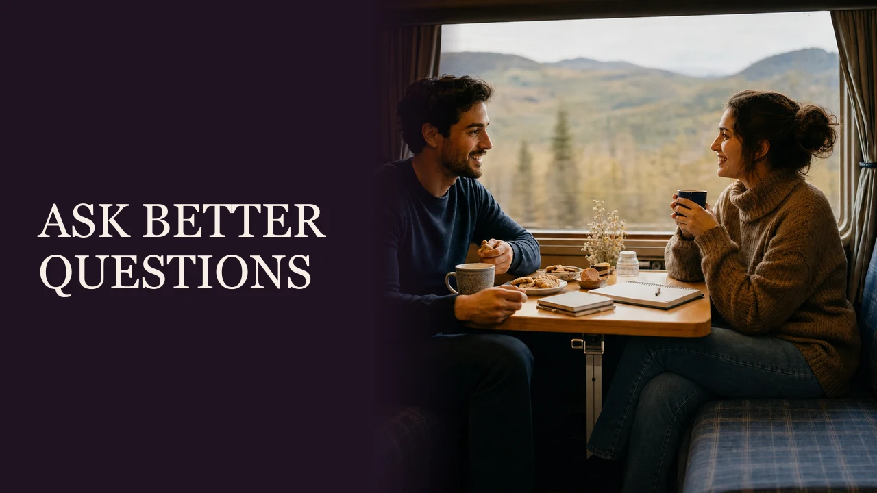 A couple talking over a map during a scenic road-trip stop beside the words Ask Better Questions.