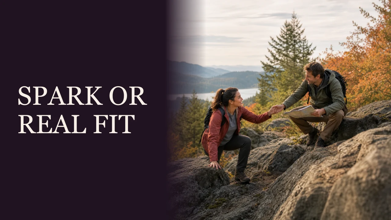 A couple working together on a challenging hike beside the words Spark or Real Fit.