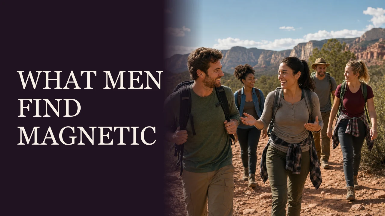 A confident woman enjoying a group hike as a man responds to her warmth beside the words What Men Find Magnetic.