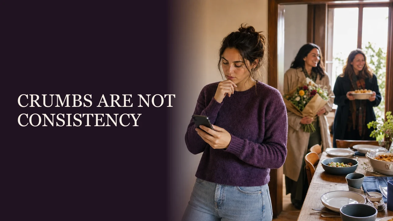 A woman choosing to continue her day after another vague notification beside the words Crumbs Are Not Connection.