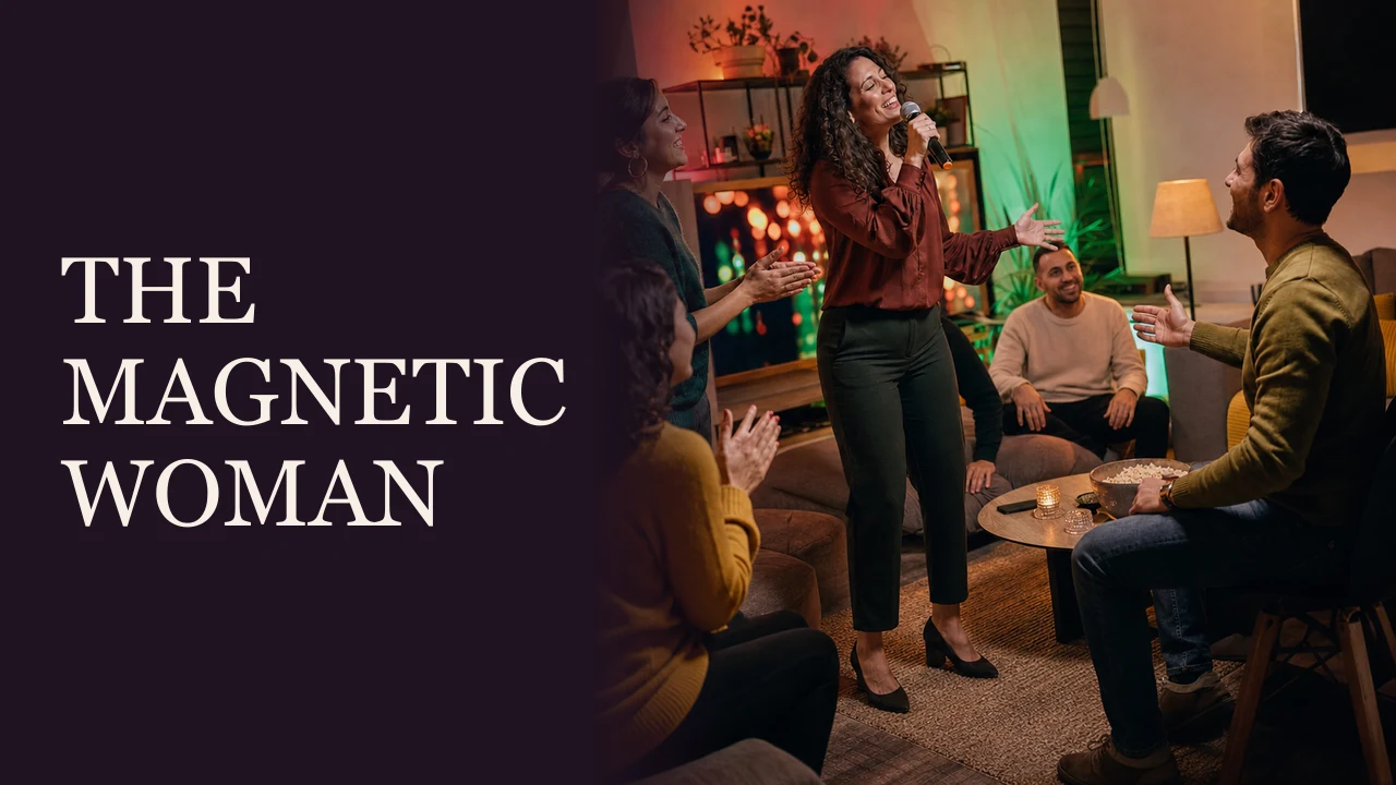 A joyful woman singing karaoke as a man admires her confidence beside the words The Magnetic Woman.