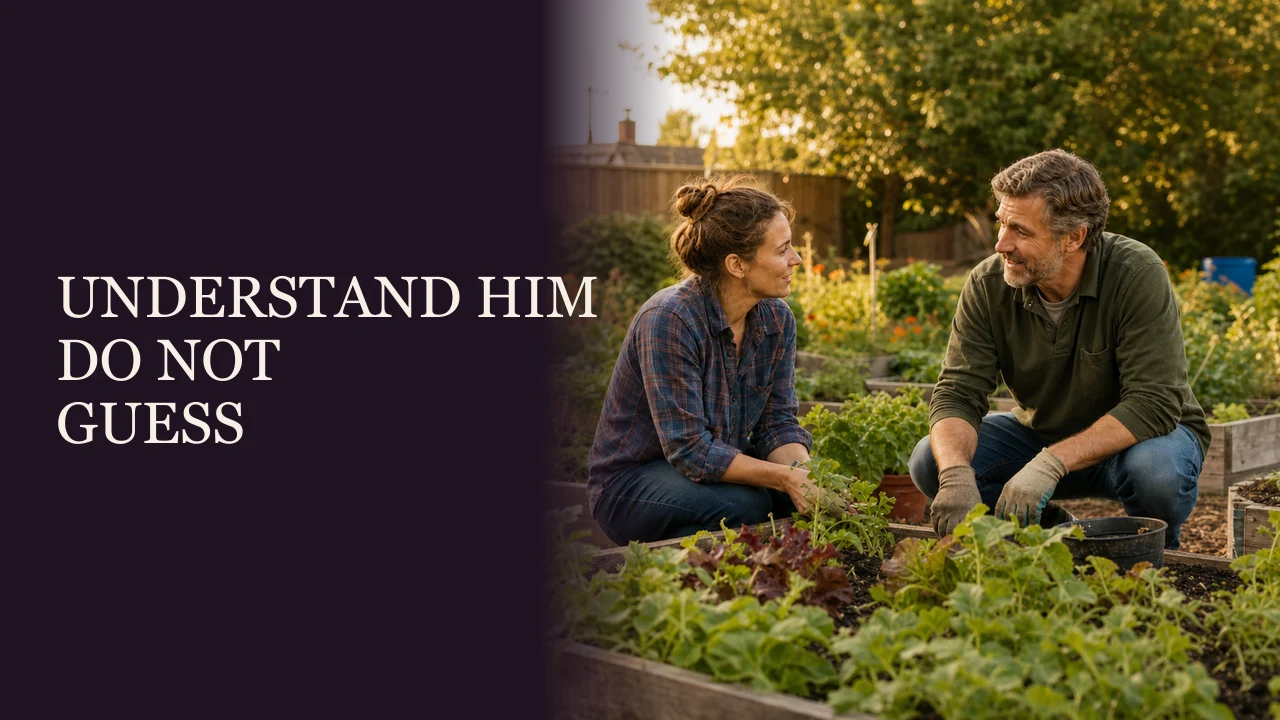 A couple listening and solving a problem while assembling a bookshelf beside the words Understand Him, Do Not Guess.