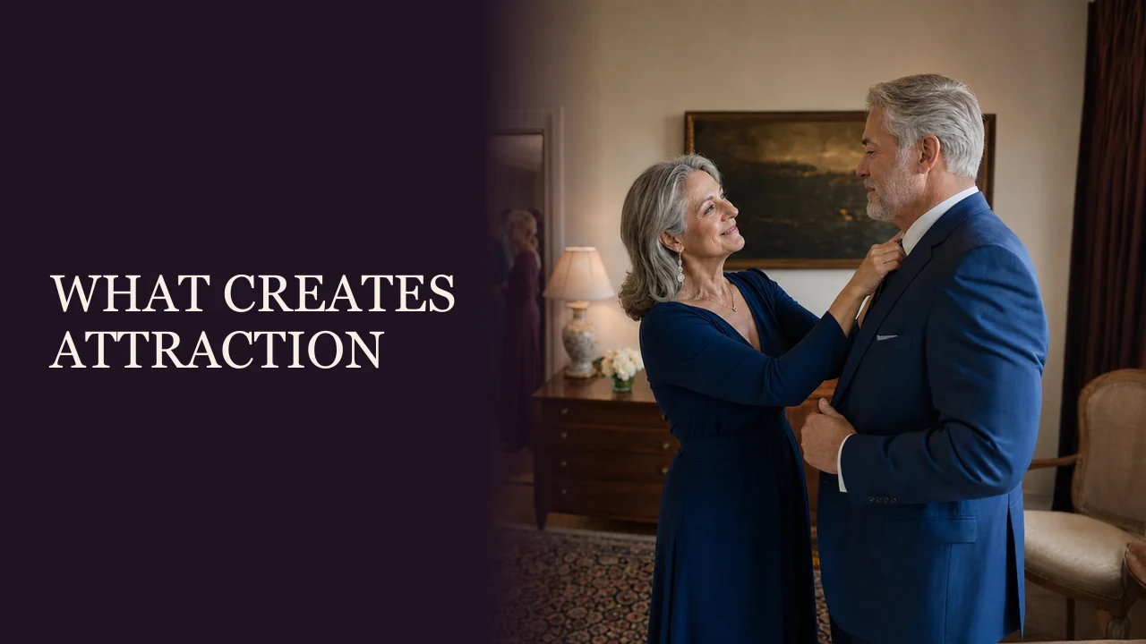 A mature couple sharing an engaged cafe conversation beside the words What Creates Attraction.