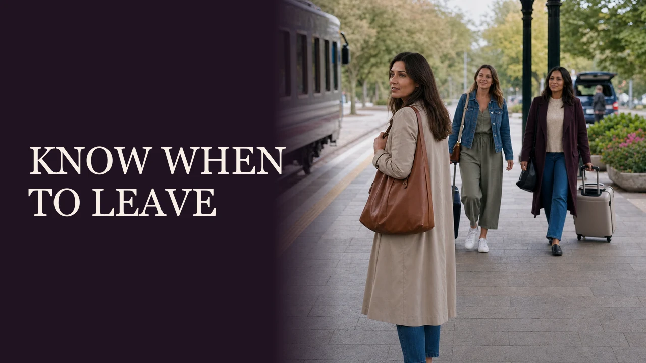 A woman calmly leaving a date after a dismissed boundary and rejoining friends beside the words Know When to Walk Away.