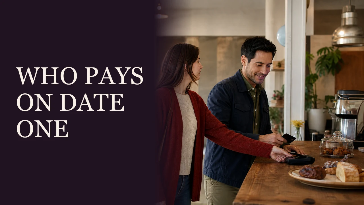 A relaxed woman and man ordering together at an outdoor food-truck market beside the words Who Picks Up the Check.