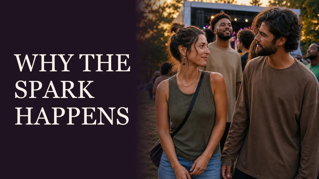 A woman and man discovering an immediate connection at an outdoor festival beside the words Why the Spark Happens.