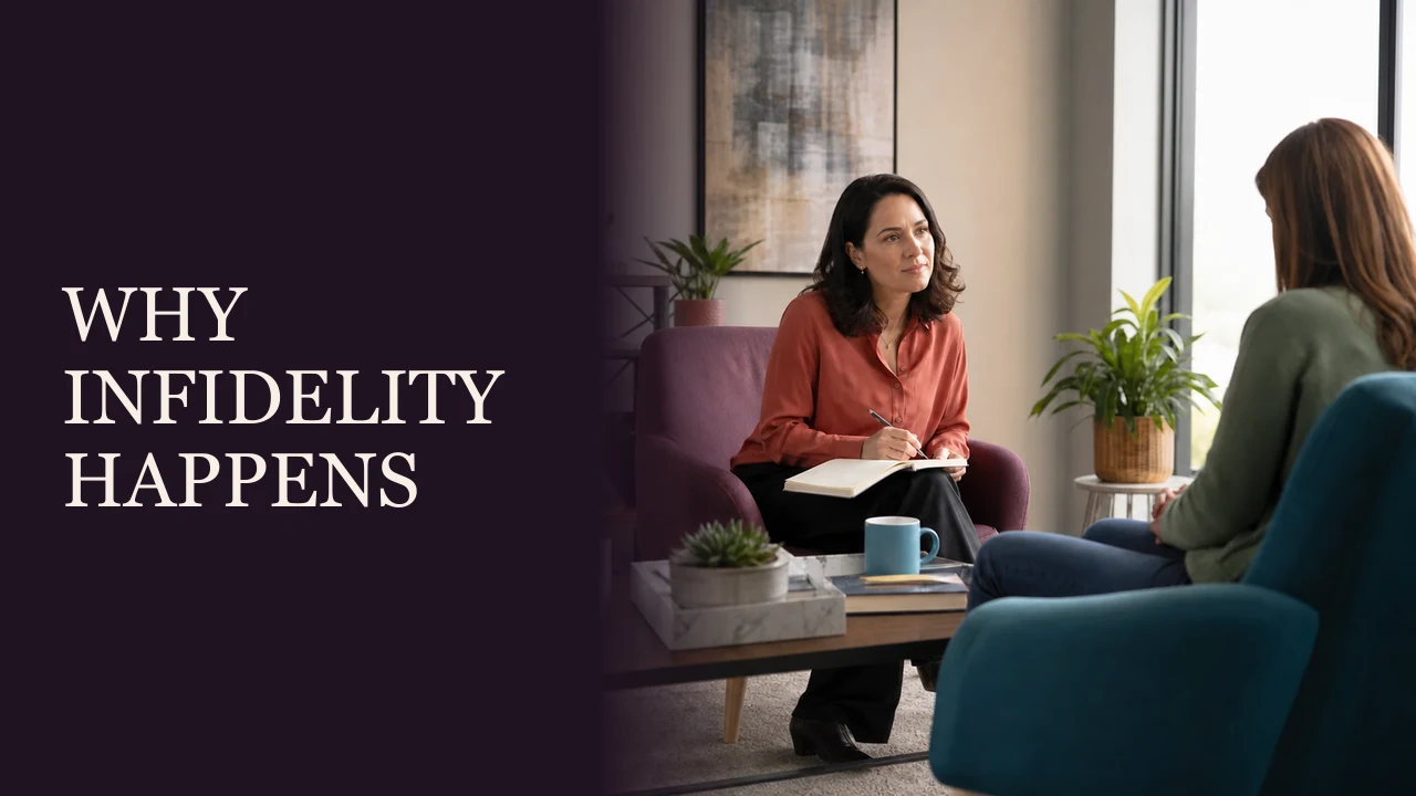 A composed couple sitting apart before a difficult counseling conversation beside the words Why Infidelity Happens.