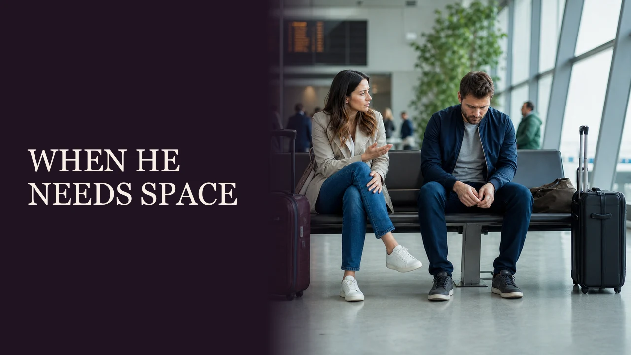 A man taking quiet space at a makerspace while a woman continues her own project beside the words When He Needs Space.