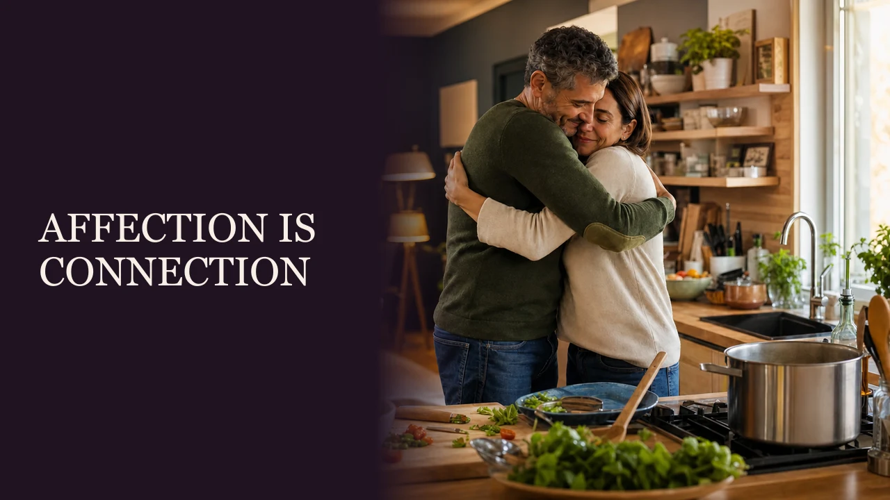 A couple sharing a supportive hug after a charity walk beside the words Touch Builds Connection.